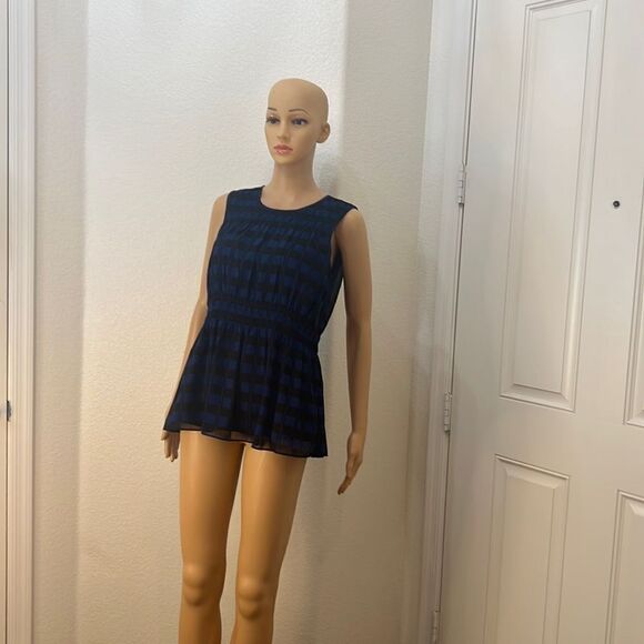 Club Monaco Top Size S/P Scoop Neck Sleeveless Black Blue Lined Gathered Waist - Picture 1 of 10